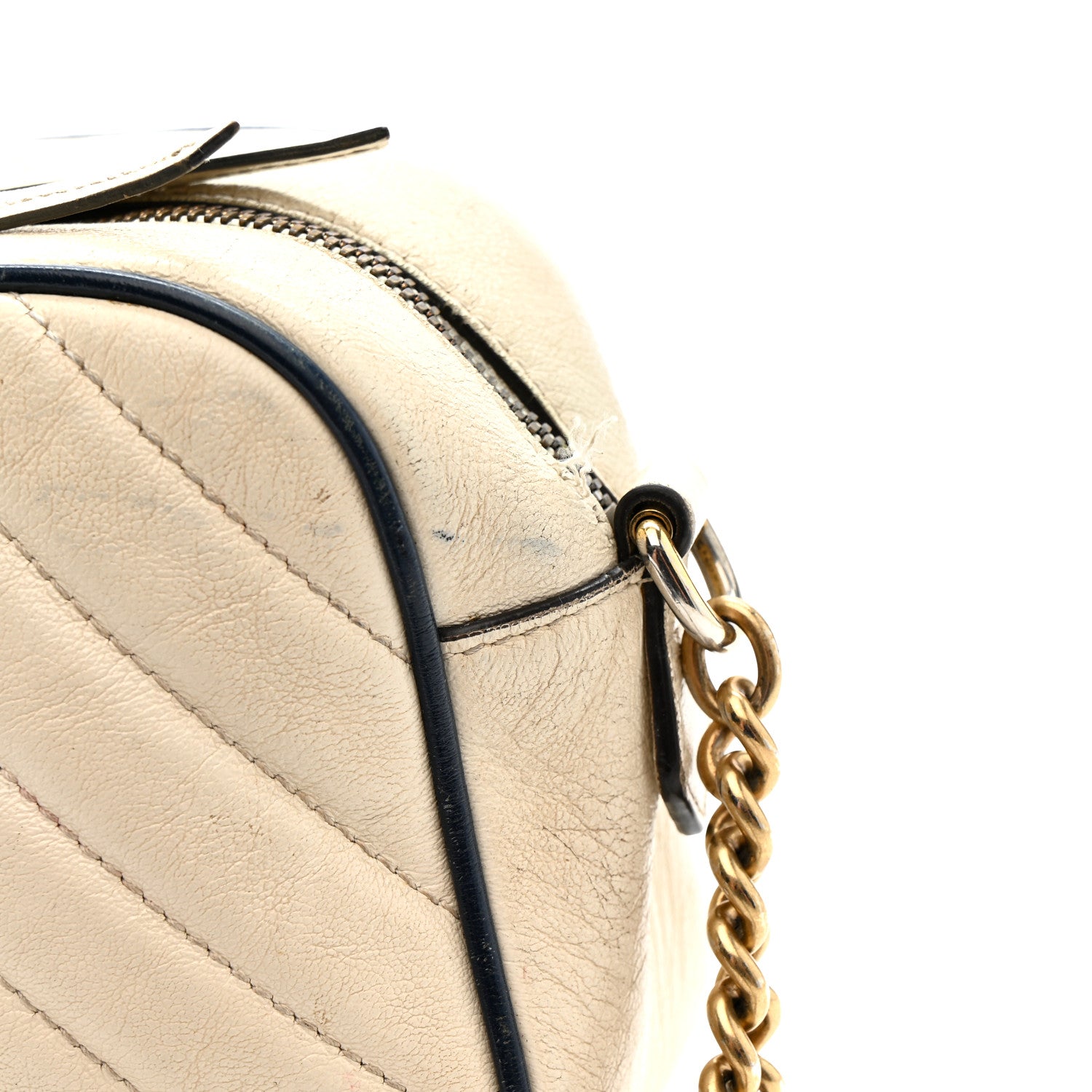 Gucci Vintage Effect Calfskin Matelasse Diagonal Small Torchon GG Marmont Chain Shoulder Bag Mystic White Blue Agata 14 of 21