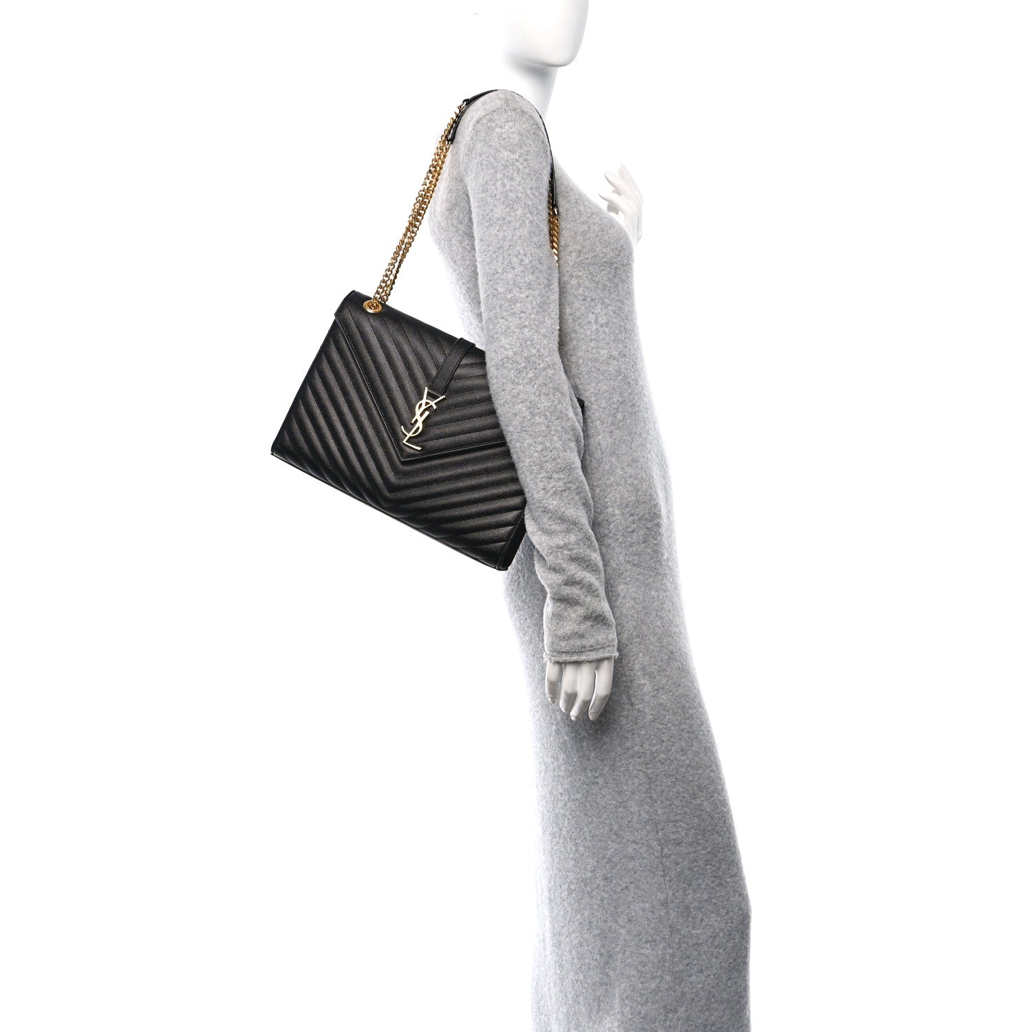 Saint Laurent Grain De Poudre Matelasse Chevron Large Monogram Satchel Black 2 of 10