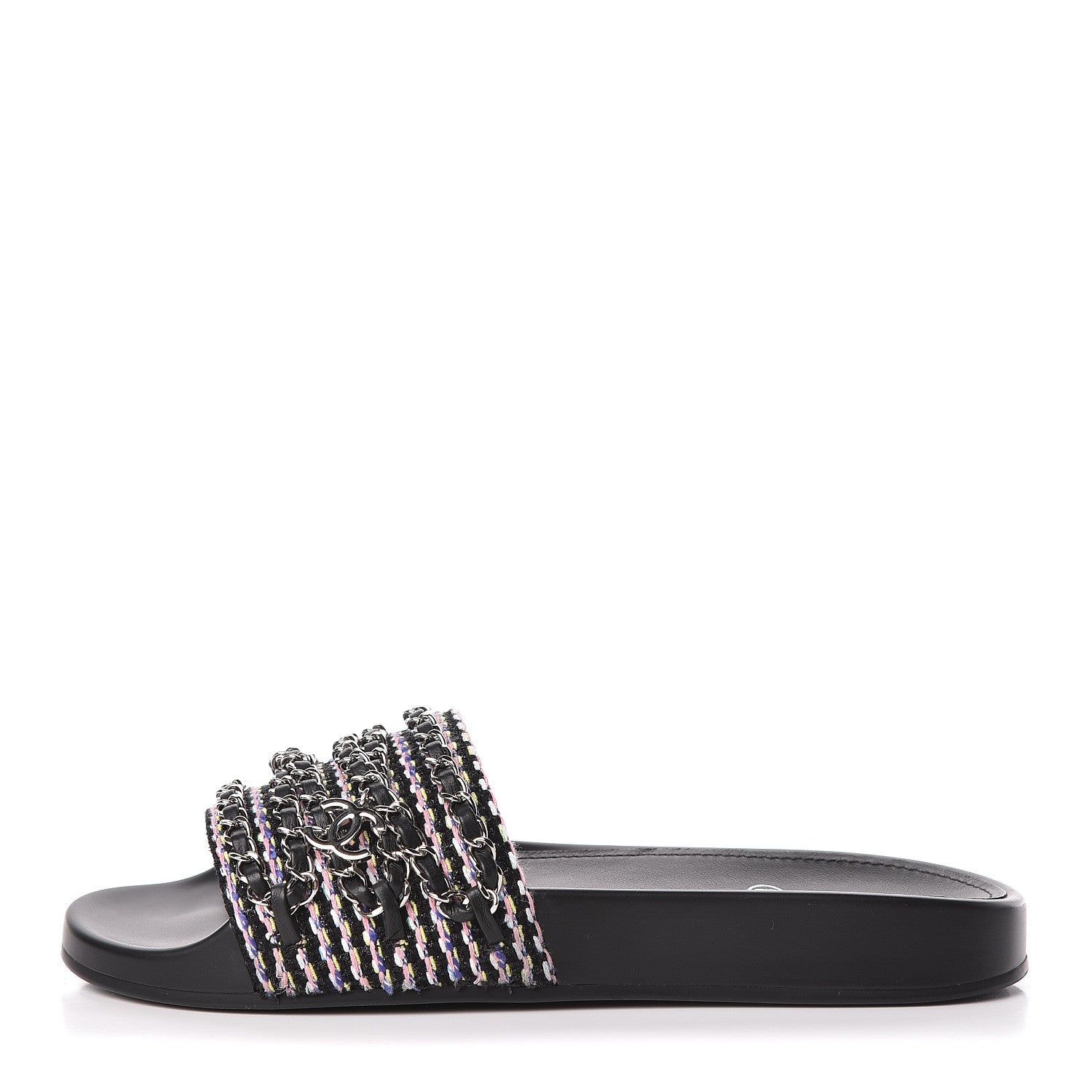 Chanel Tweed Lambskin Chain Flat Sandals 38 Black Multicolor 1 of 10