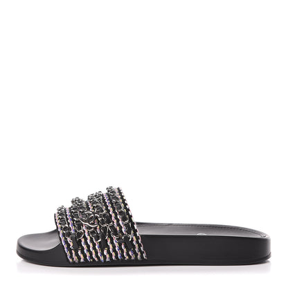 Chanel Tweed Lambskin Chain Flat Sandals 38 Black Multicolor 1 of 10