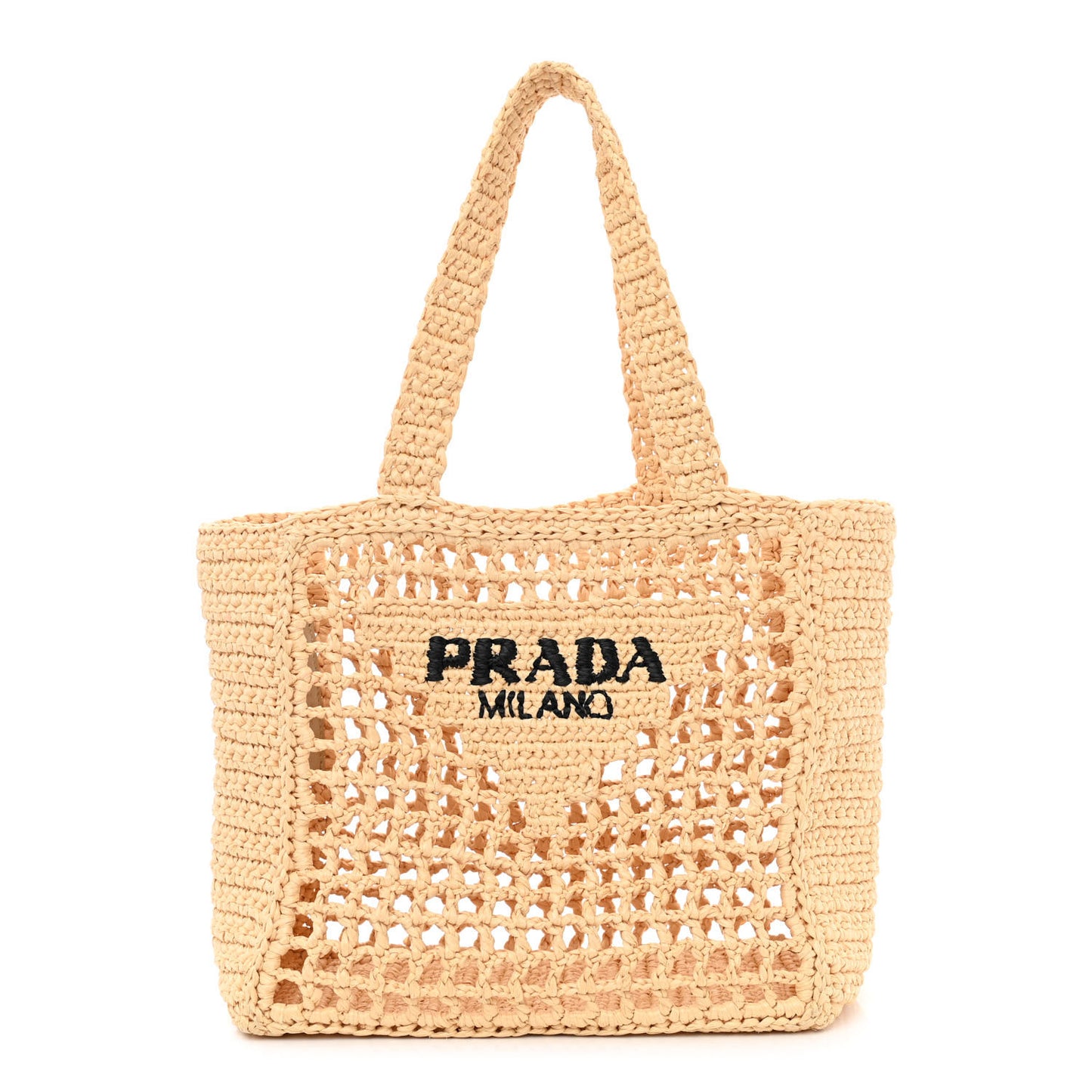 Yarn Raffia Effect Crochet Logo Embroidered Small Tote Bag Naturale
