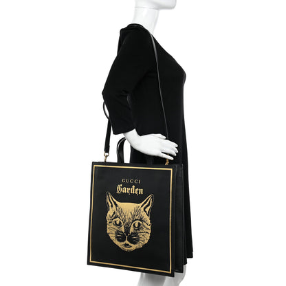 Gucci Textured Calfskin Garden Cat Vertical Shopping Tote Black 2 of 11