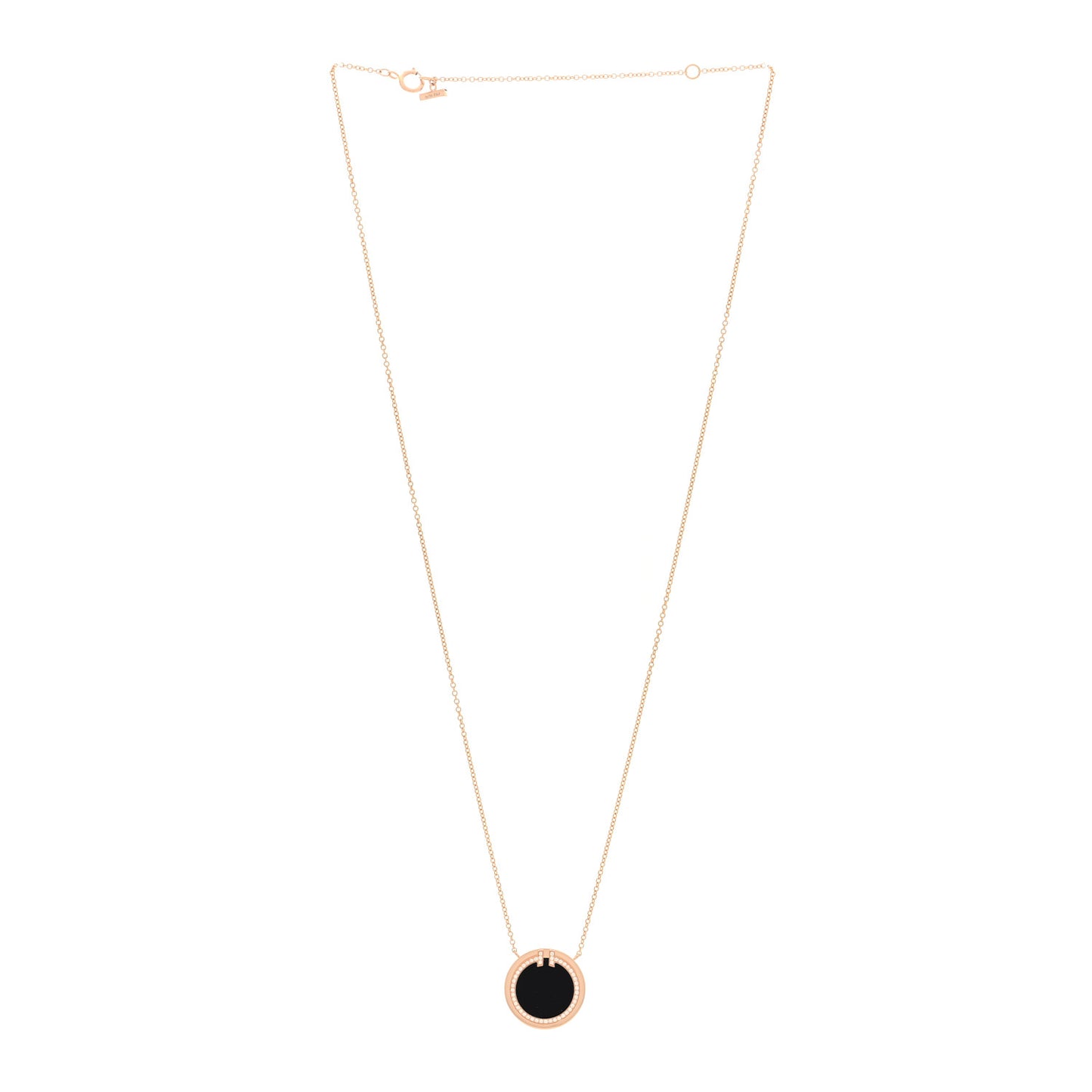 18K Yellow Gold Diamond Black Onyx 16mm T Circle Pendant Necklace