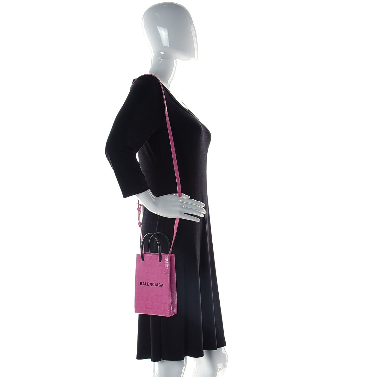 Shiny Calfskin Crocodile Embossed Logo Shopping Phone Holder Bag Rose Black