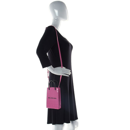 Balenciaga Shiny Calfskin Crocodile Embossed Logo Shopping Phone Holder Bag Rose Black 3 of 11