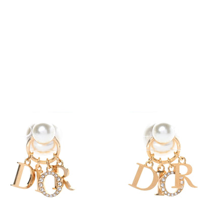 Christian Dior Pearl Crystal Tribal Logo Charms Earrings Gold 1 of 5