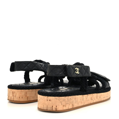 Chanel Cord Lambskin Quilted Logo Sandals 37 Black 4 of 8