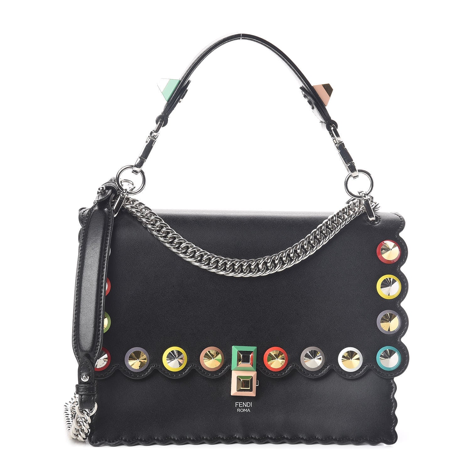 Fendi Vitello Liberty Scalloped Spike Studded Kan I Shoulder Bag Black Multicolor 1 of 10