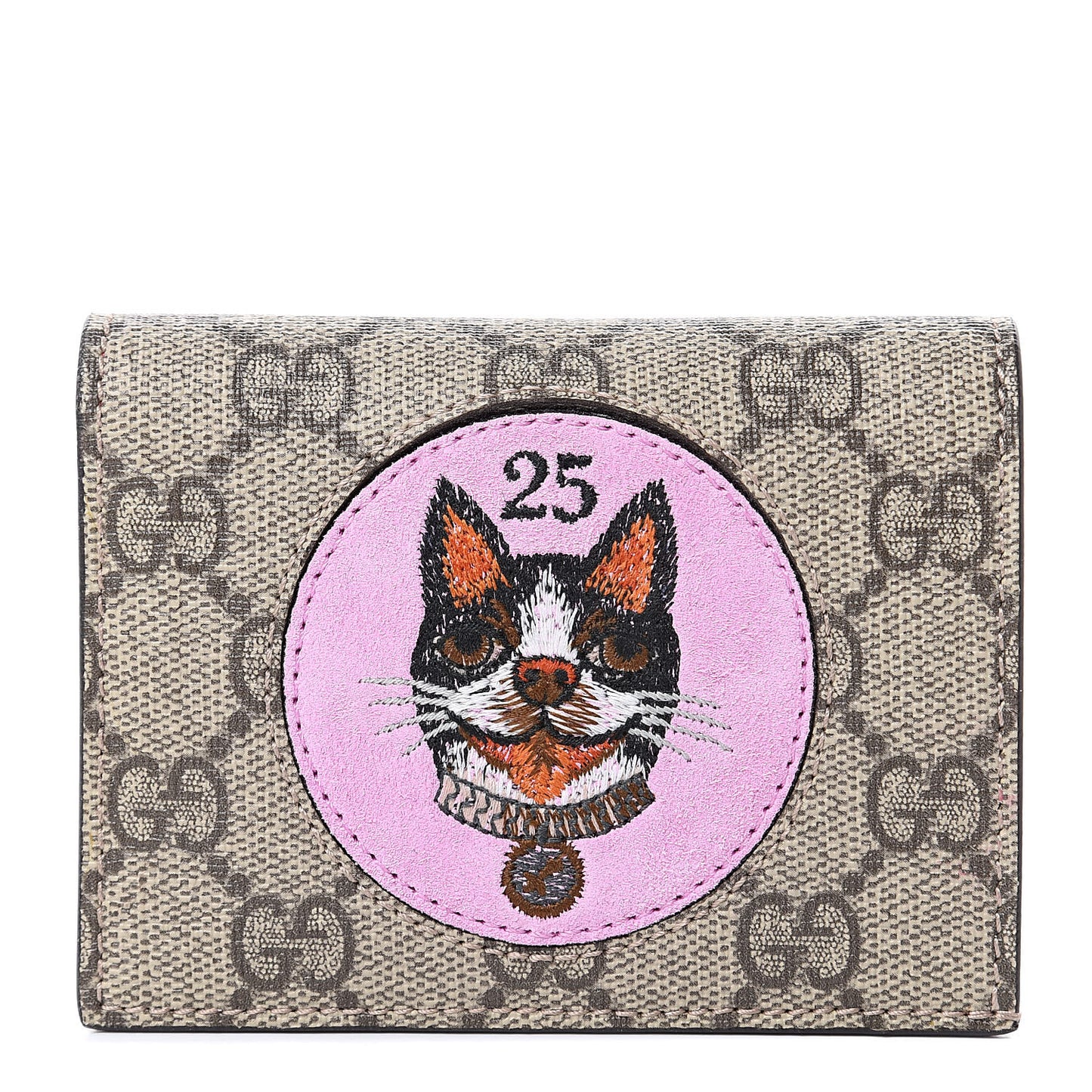 GG Supreme Monogram Bosco Patch Card Case Wallet Beige Malva Hibiscus Red