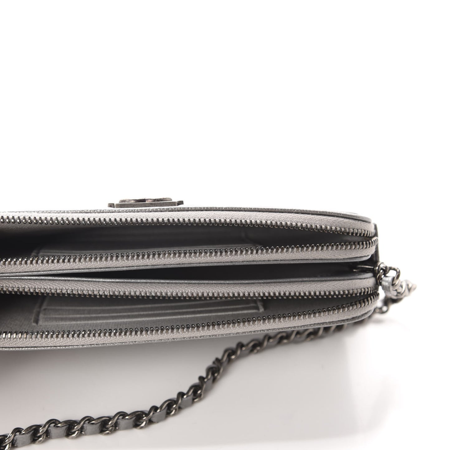 Metallic Caviar Quilted Small Boy Clutch With Chain Silver