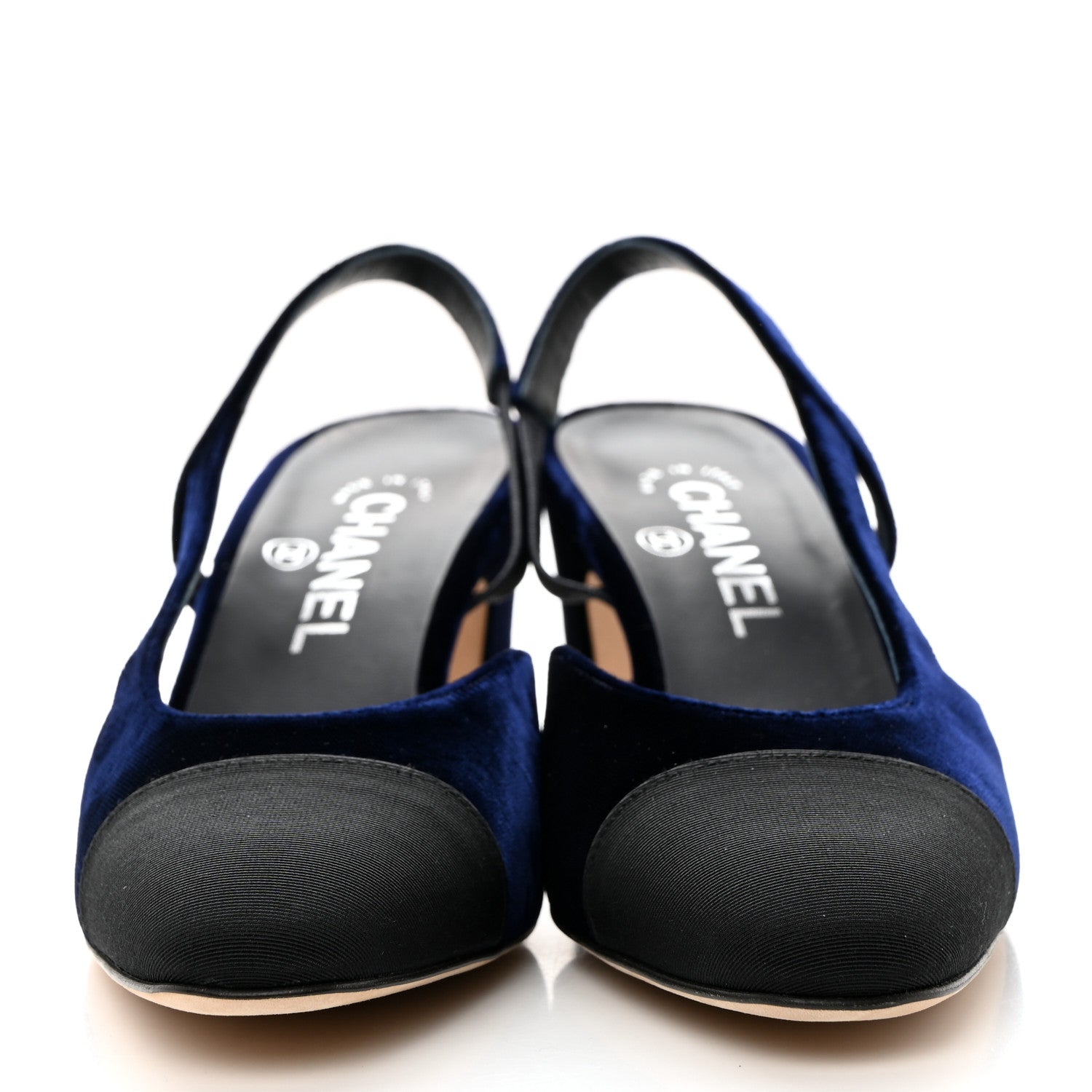 Chanel Velour Grosgrain Cap Toe CC Slingback Pumps 37.5 Blue Black 2 of 10
