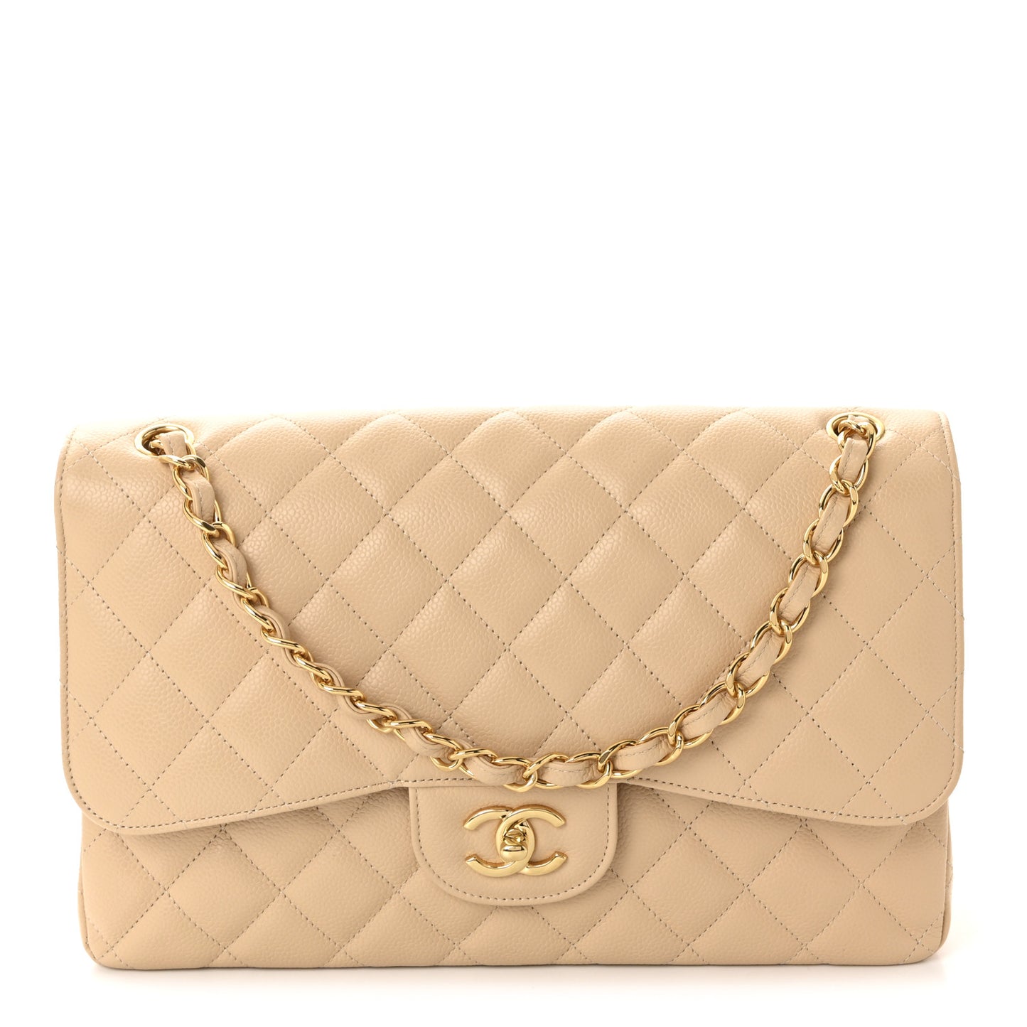 Caviar Quilted Jumbo Double Flap Beige