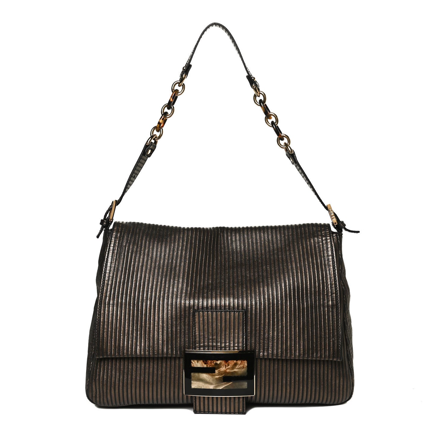 Metallic Nubuck Striped Big Forever Mama Baguette Black Gold
