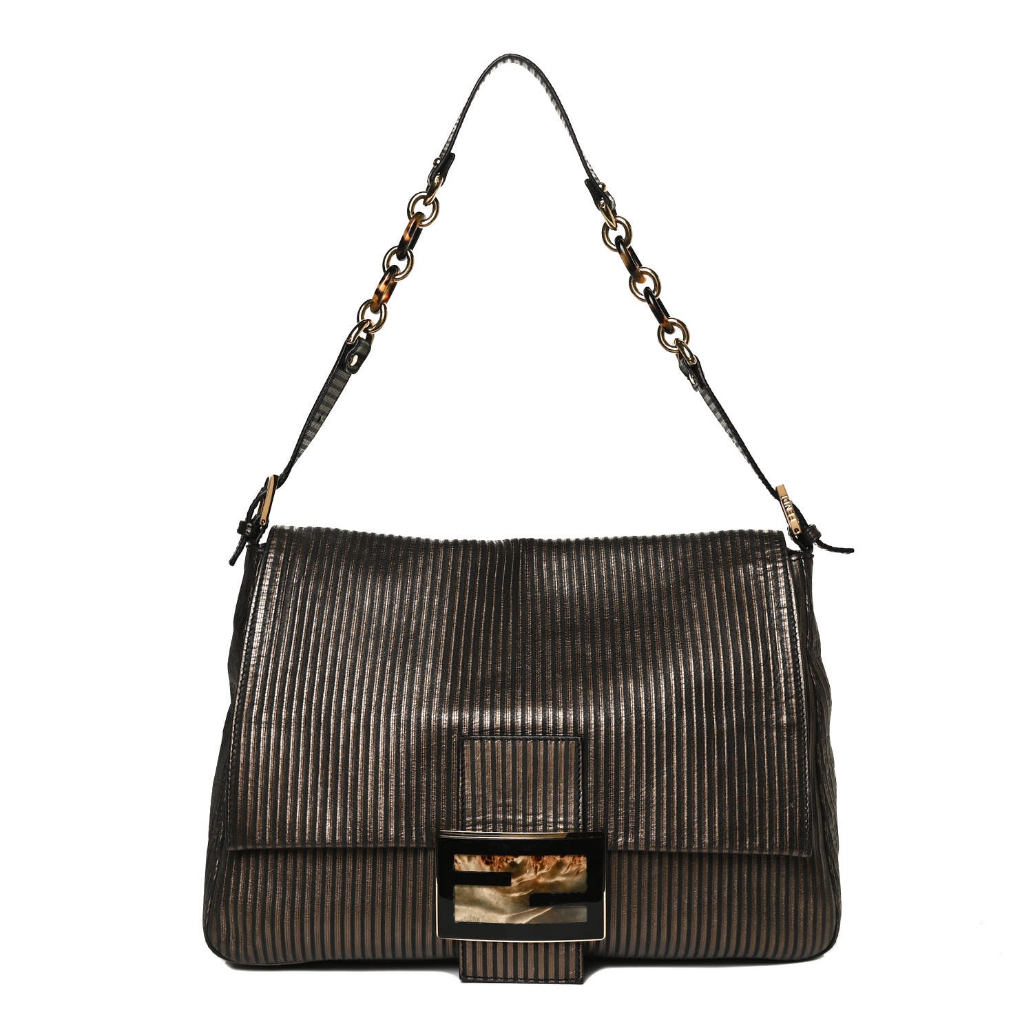Fendi Metallic Nubuck Striped Big Forever Mama Baguette Black Gold 1 of 11