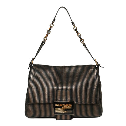 Fendi Metallic Nubuck Striped Big Forever Mama Baguette Black Gold 1 of 11