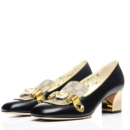 Gucci Malaga Kid Nappa GG Supreme Monogram Tiger Head Mid Heel Loafer Pumps 37 Black Oro Vecchio Beige 3 of 10