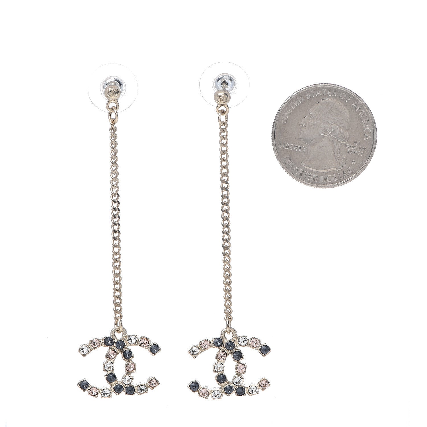 Chanel Crystal CC Drop Earrings Pink Grey Gold 2 of 5