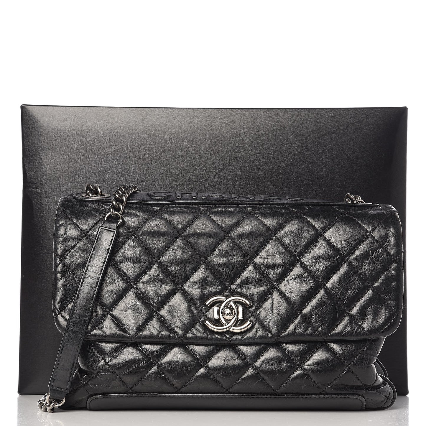 Aged Calfskin Quilted Jumbo Flap Black