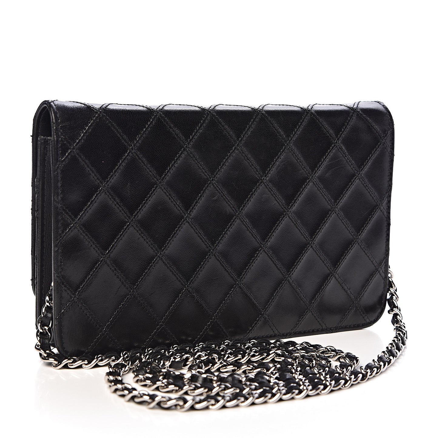Lambskin Diamond Stitched Wallet On Chain WOC Black