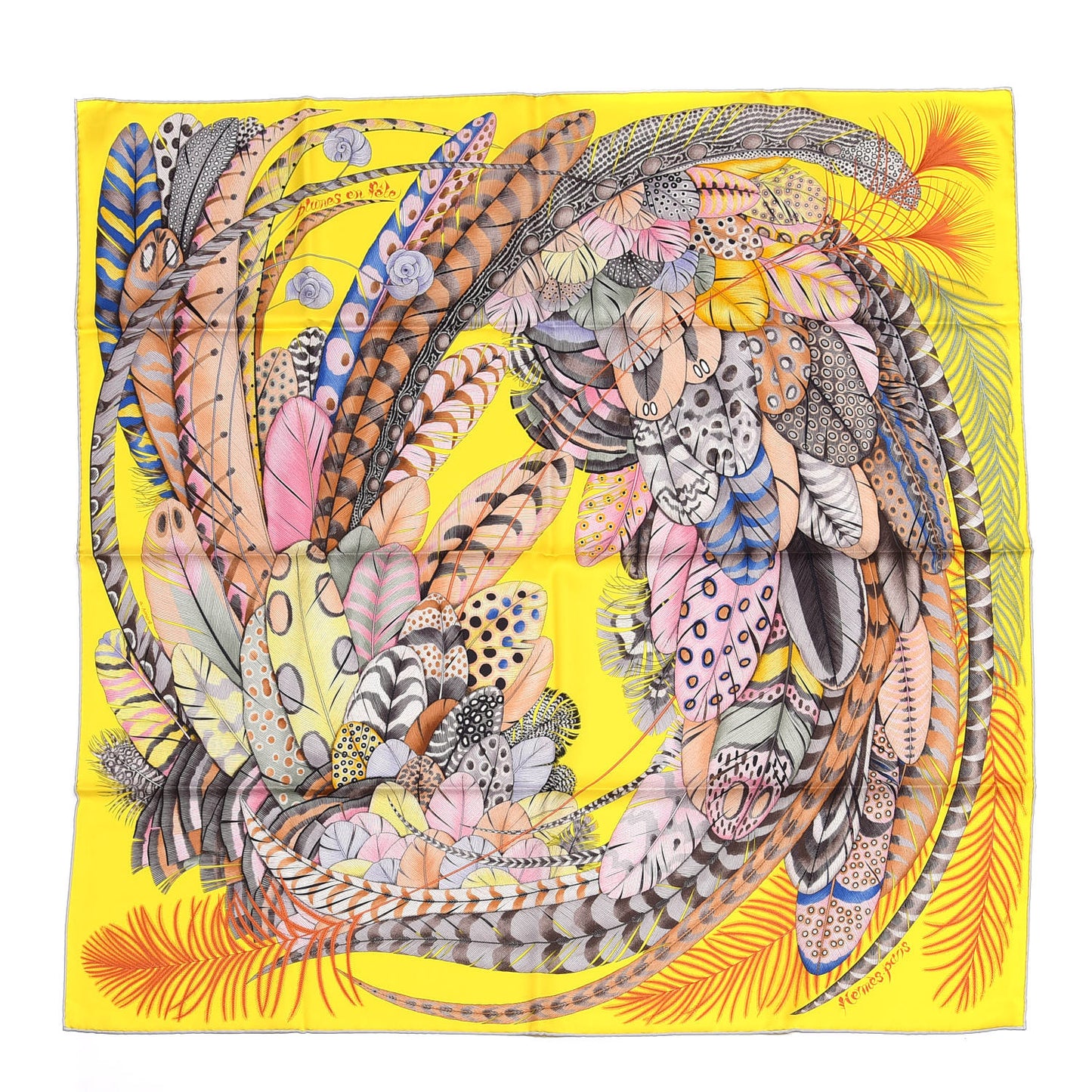 Silk Plumes En Fete Scarf 90 Jaune Vif Rose Bleu