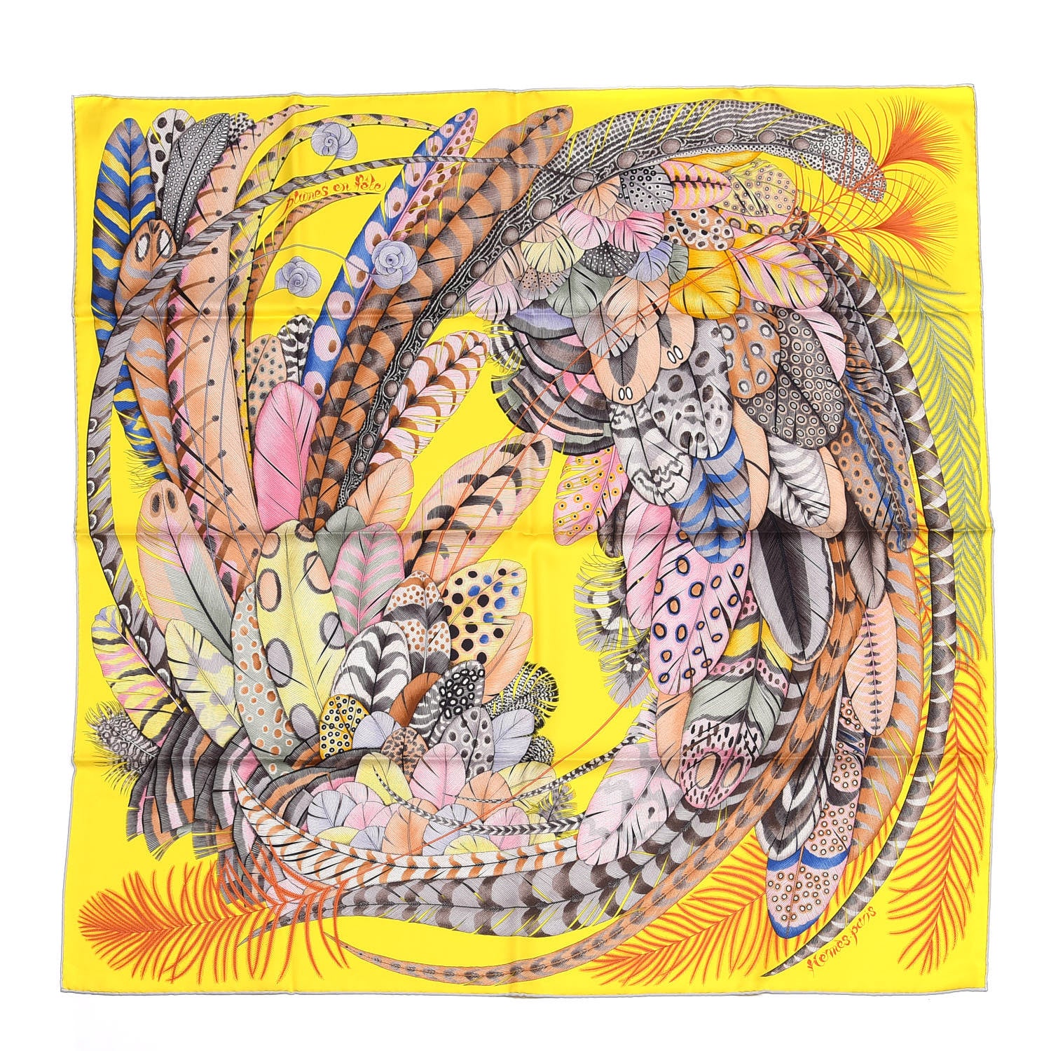Hermes Silk Plumes En Fete Scarf 90 Jaune Vif Rose Bleu 1 of 4