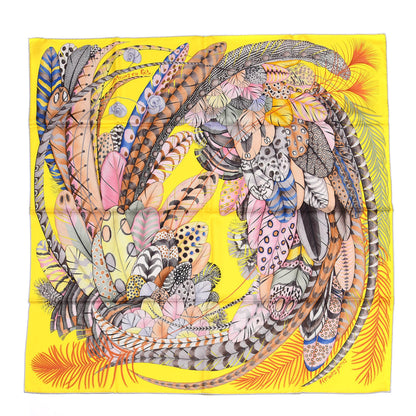 Hermes Silk Plumes En Fete Scarf 90 Jaune Vif Rose Bleu 1 of 4