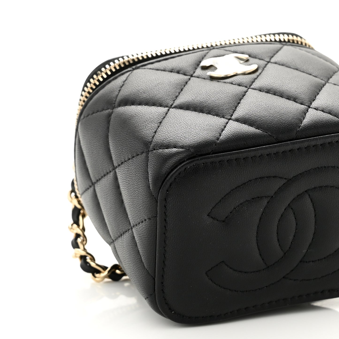 Lambskin Quilted Top Handle Mini Vanity Case With Chain Black