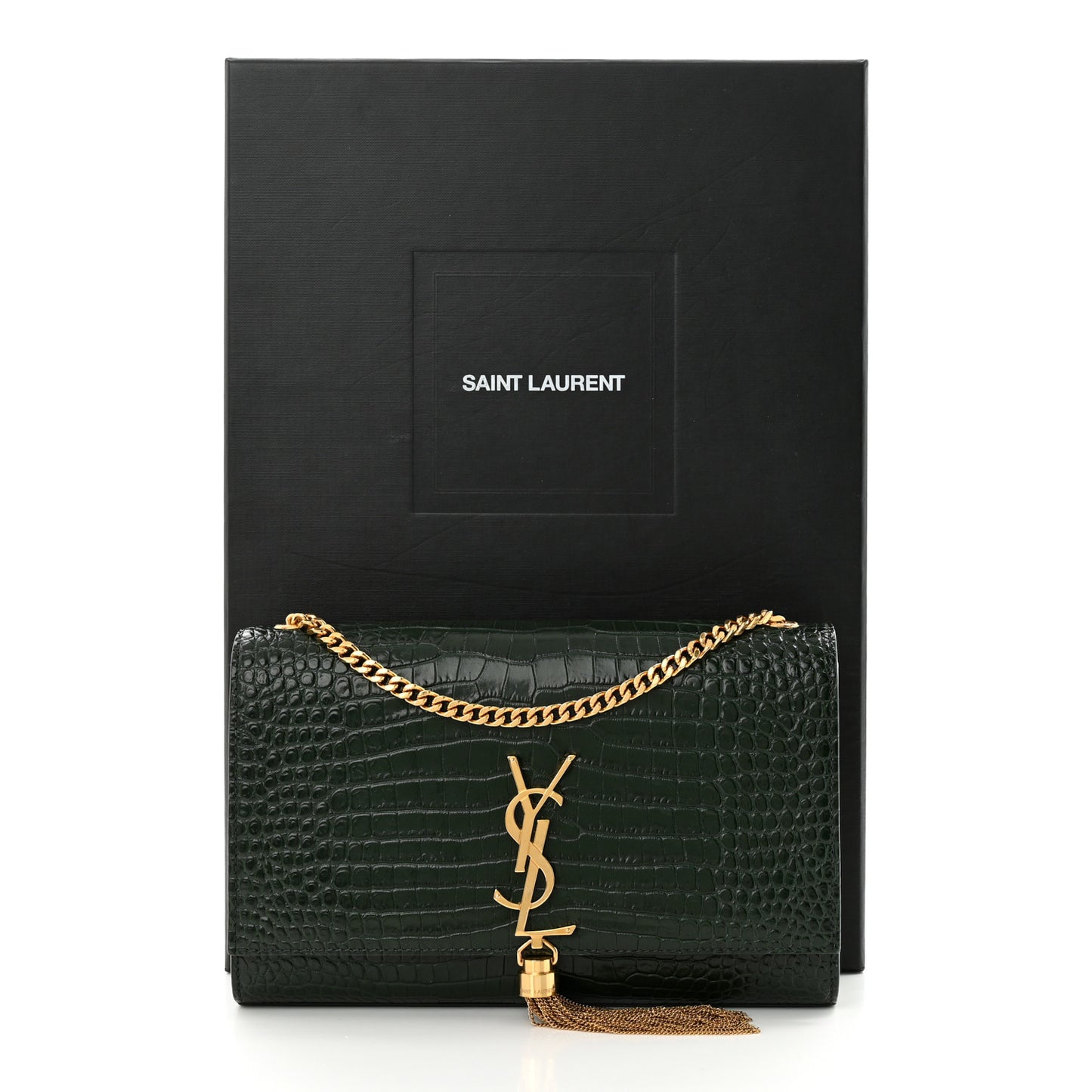 Calfskin Crocodile Embossed Medium Classic Monogram Kate Tassel Satchel Dark Mint