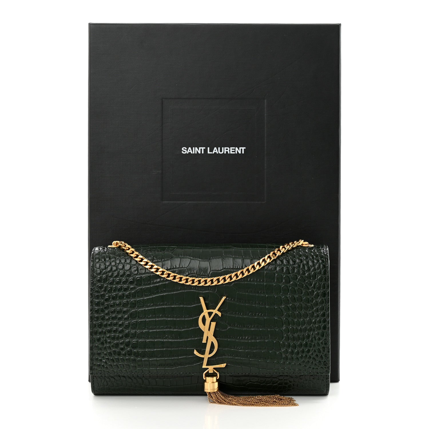 Saint Laurent Calfskin Crocodile Embossed Medium Classic Monogram Kate Tassel Satchel Dark Mint 13 of 13
