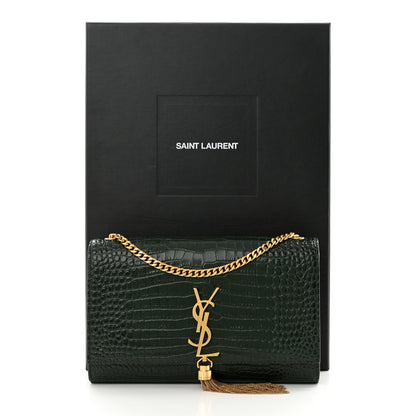 Saint Laurent Calfskin Crocodile Embossed Medium Classic Monogram Kate Tassel Satchel Dark Mint 13 of 13