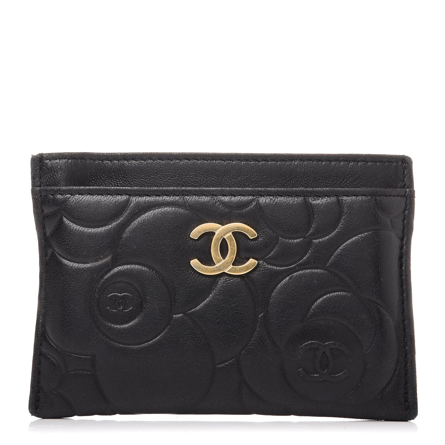Lambskin Camellia Embossed Card Holder Black