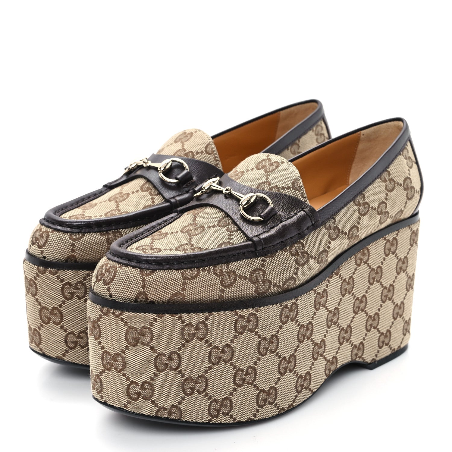 Gucci Canvas GG Monogram Horsebit Calfskin Womens Horsebit Platform Loafers 37 Beige Ebony 4 of 10