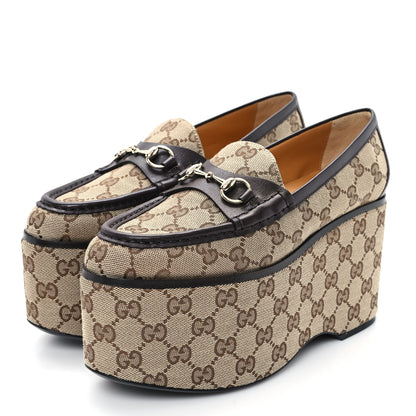 Gucci Canvas GG Monogram Horsebit Calfskin Womens Horsebit Platform Loafers 37 Beige Ebony 4 of 10