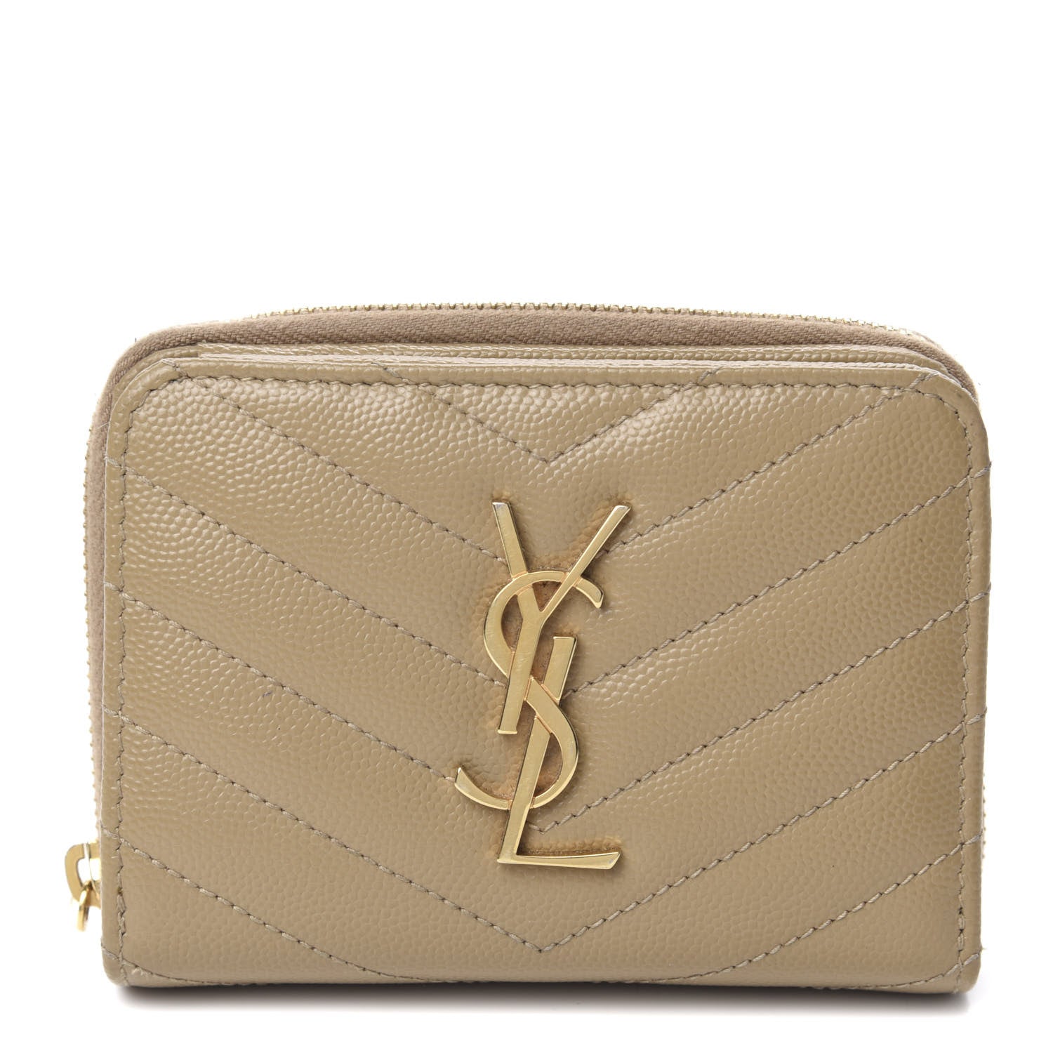 Saint Laurent Grain De Poudre Matelasse Chevron Monogram Compact Zip Around Wallet Dark Latte 1 of 10