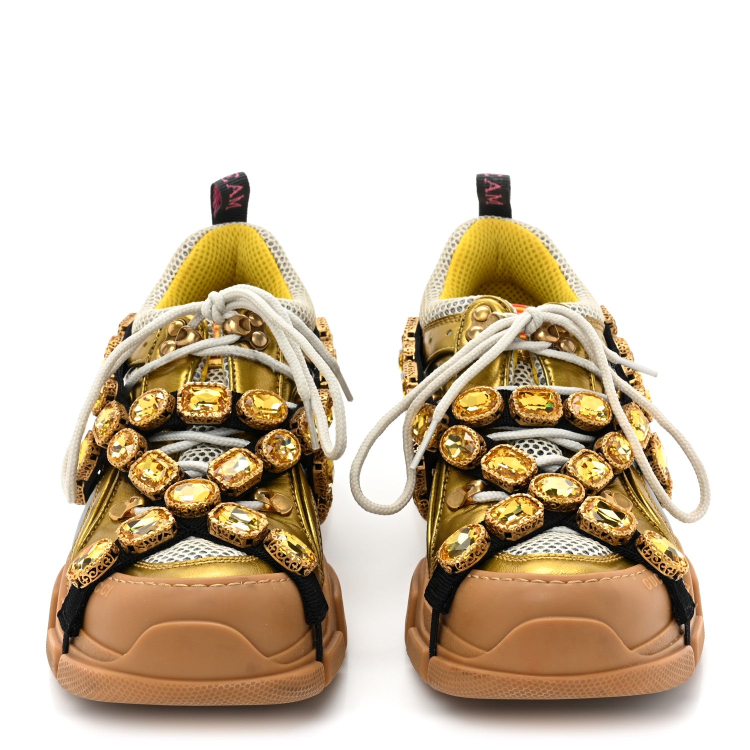 Gucci X SEGA Metallic Calfskin Mesh Removable Crystals Womens Flashtrek Sneakers 38.5 Oro Vecchio 2 of 8