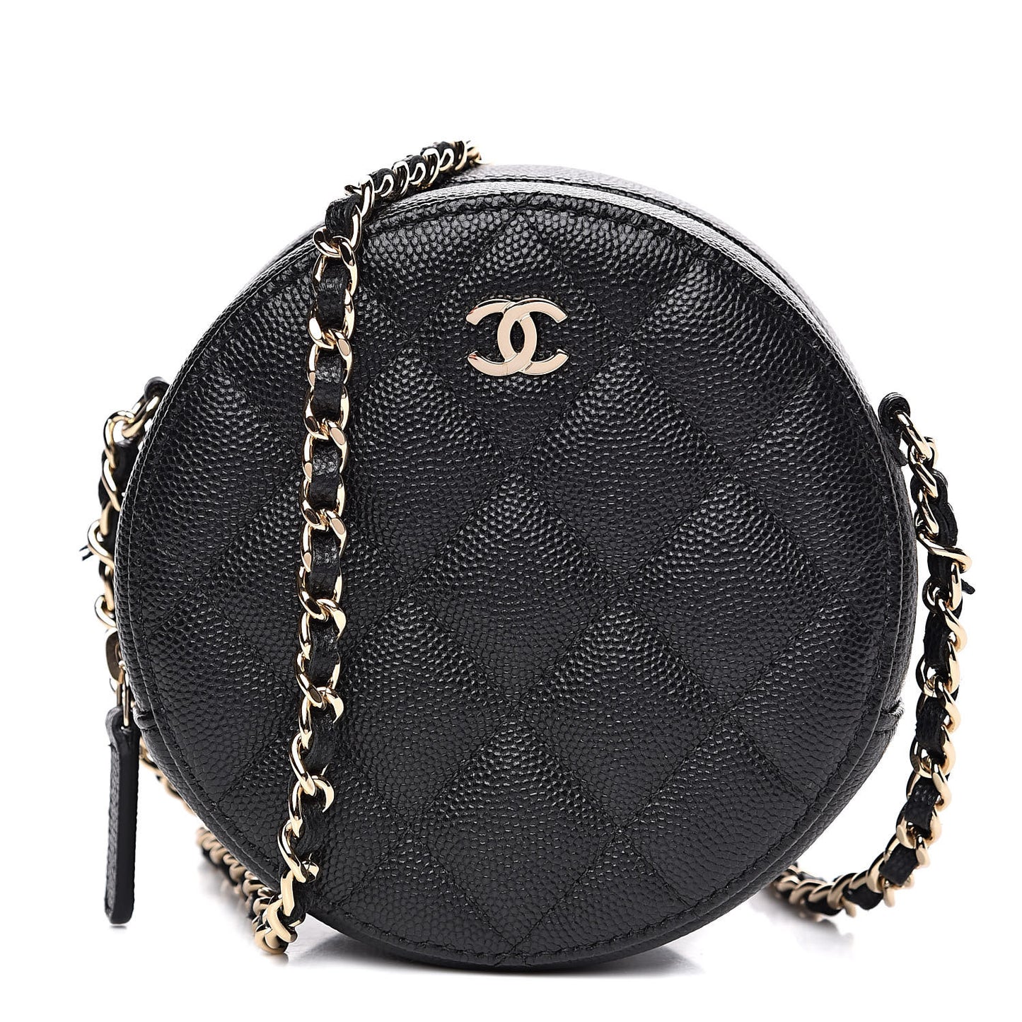 Caviar Quilted Round Clutch With Chain Black