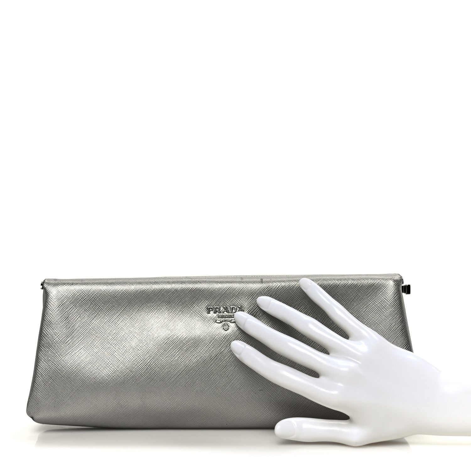 Prada Metallic Saffiano Frame Clutch Cromo 2 of 9