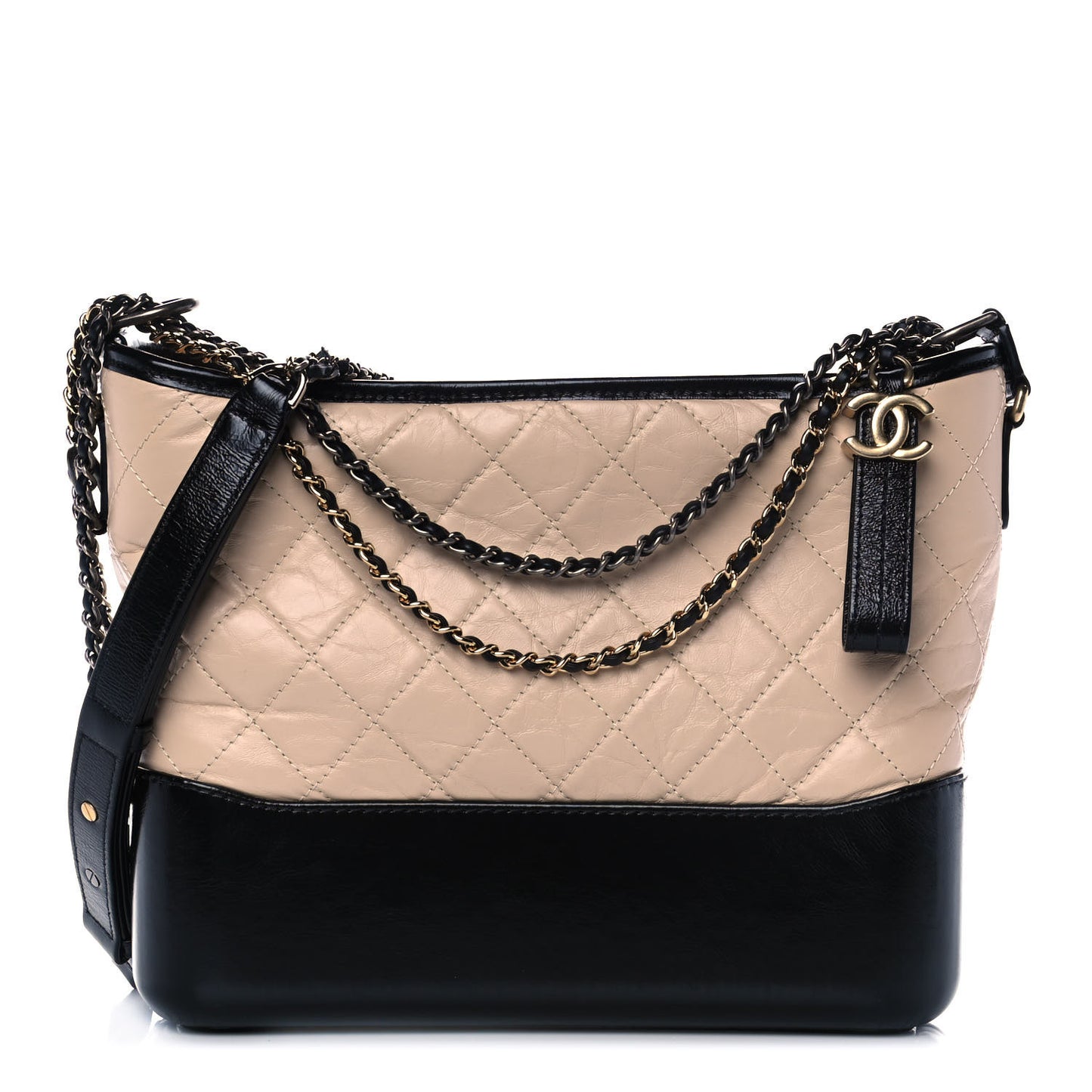 Aged Calfskin Quilted Medium Gabrielle Hobo Beige Black