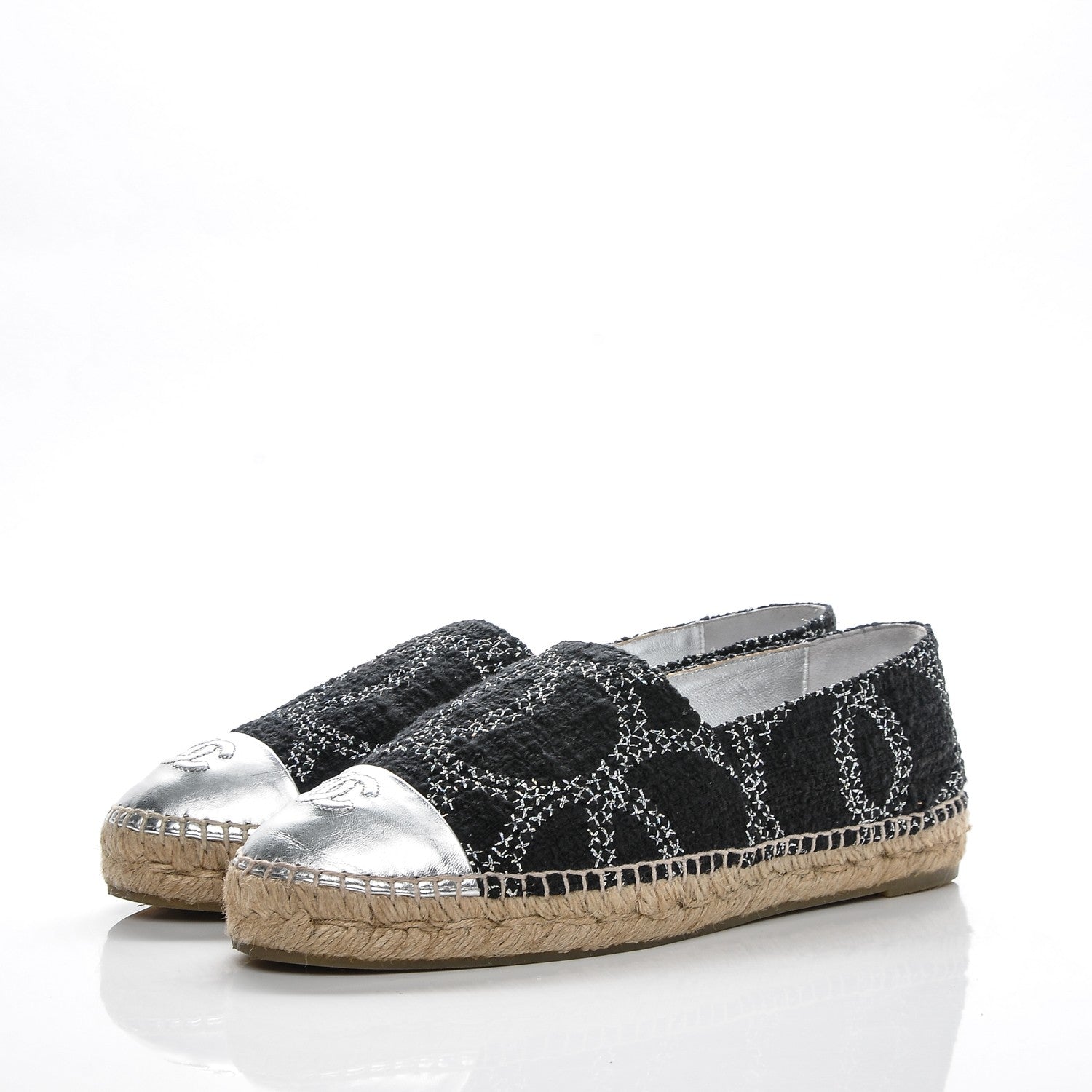 Chanel Tweed Lambskin CC Espadrilles 40 Black Silver 3 of 8