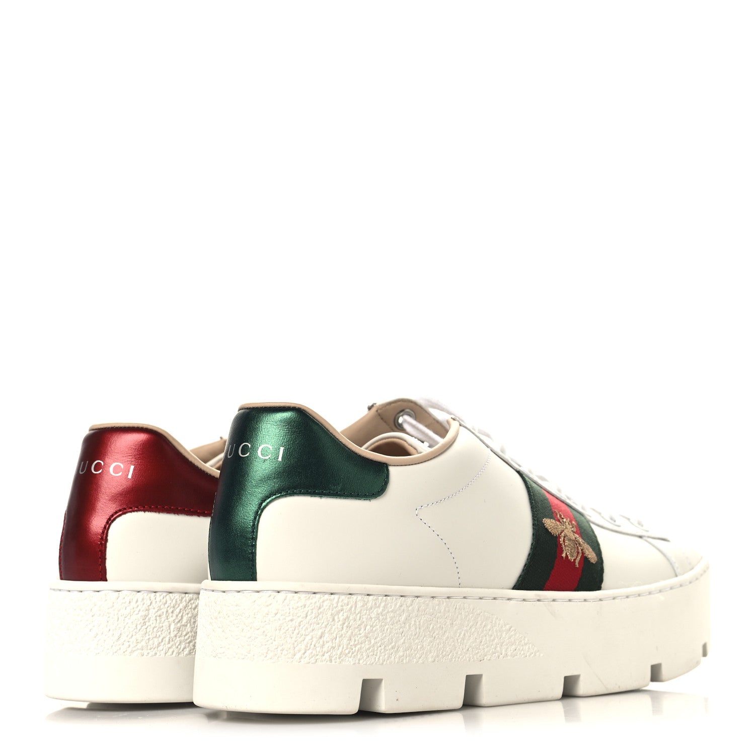 Gucci Calfskin Web Bee Embroidered Womens Ace Platform Sneakers 37.5 White 5 of 9