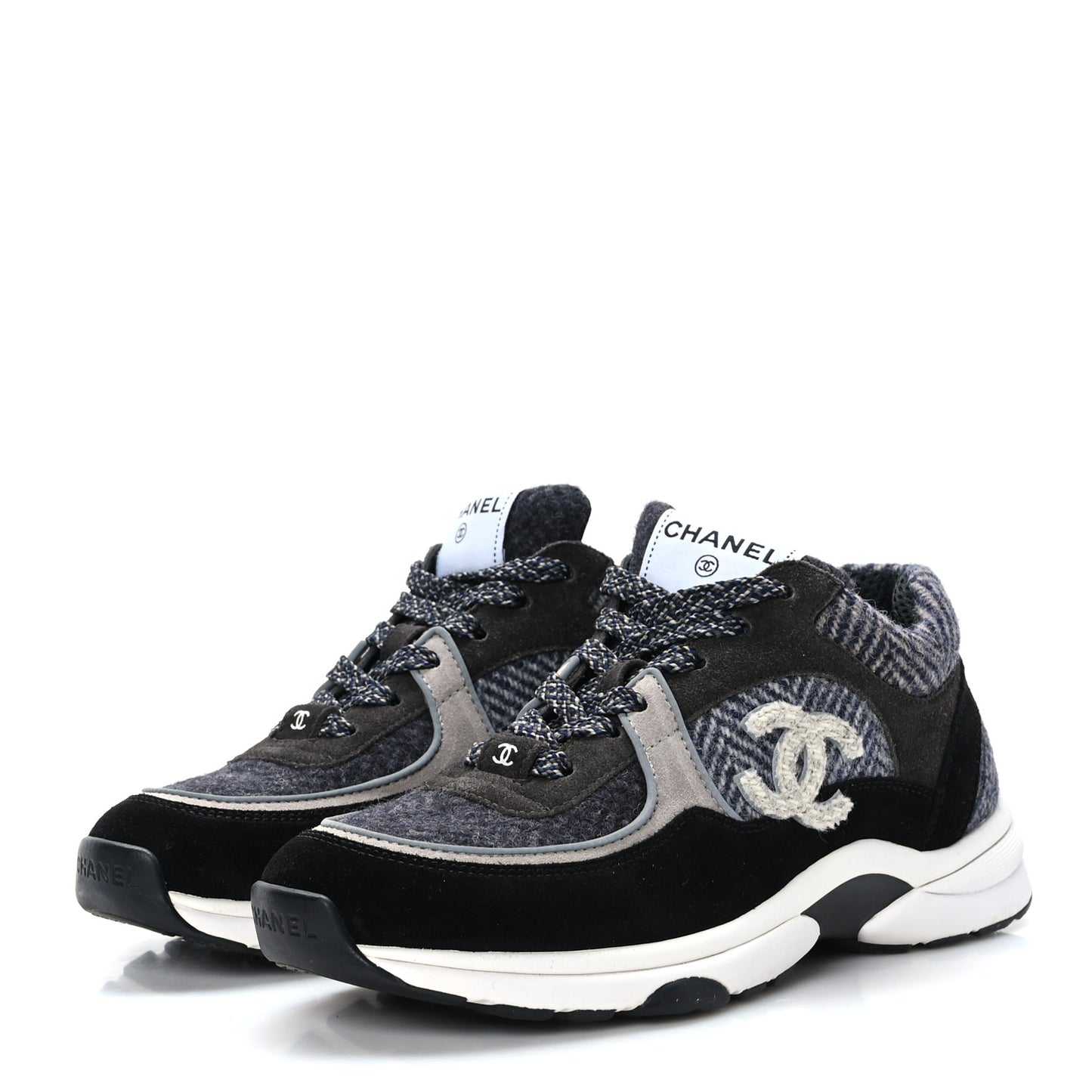 Fabric Suede Calfskin CC Sneakers 37 Black Grey Dark Grey