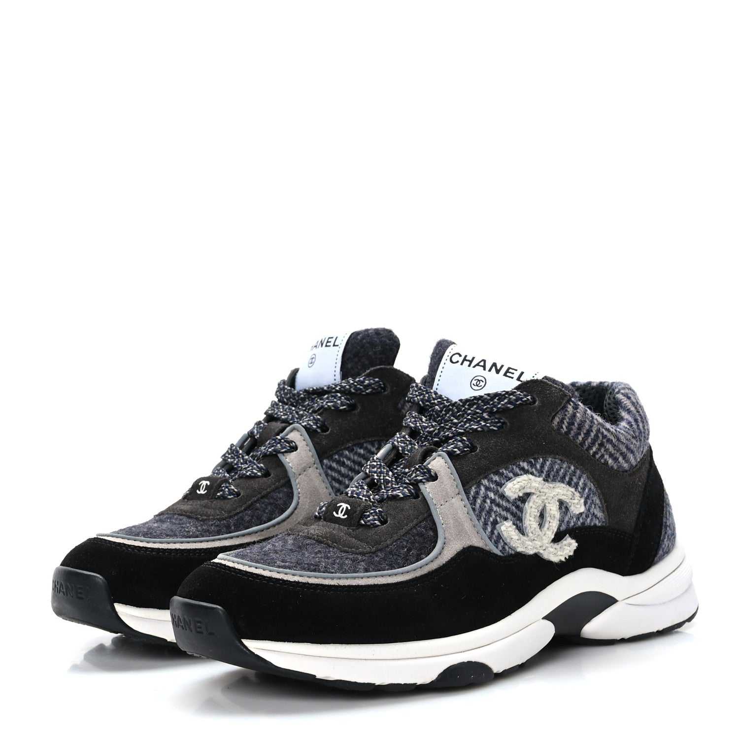 Chanel Fabric Suede Calfskin CC Sneakers 37 Black Grey Dark Grey 3 of 7