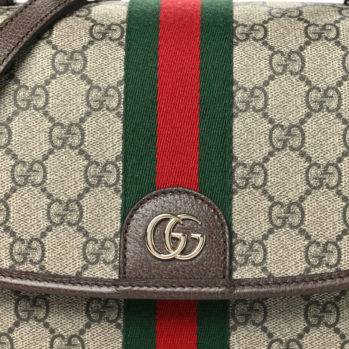 GG Supreme Monogram Textured Dollar Calfskin Medium Ophidia Top Handle Shoulder Bag Beige Brown