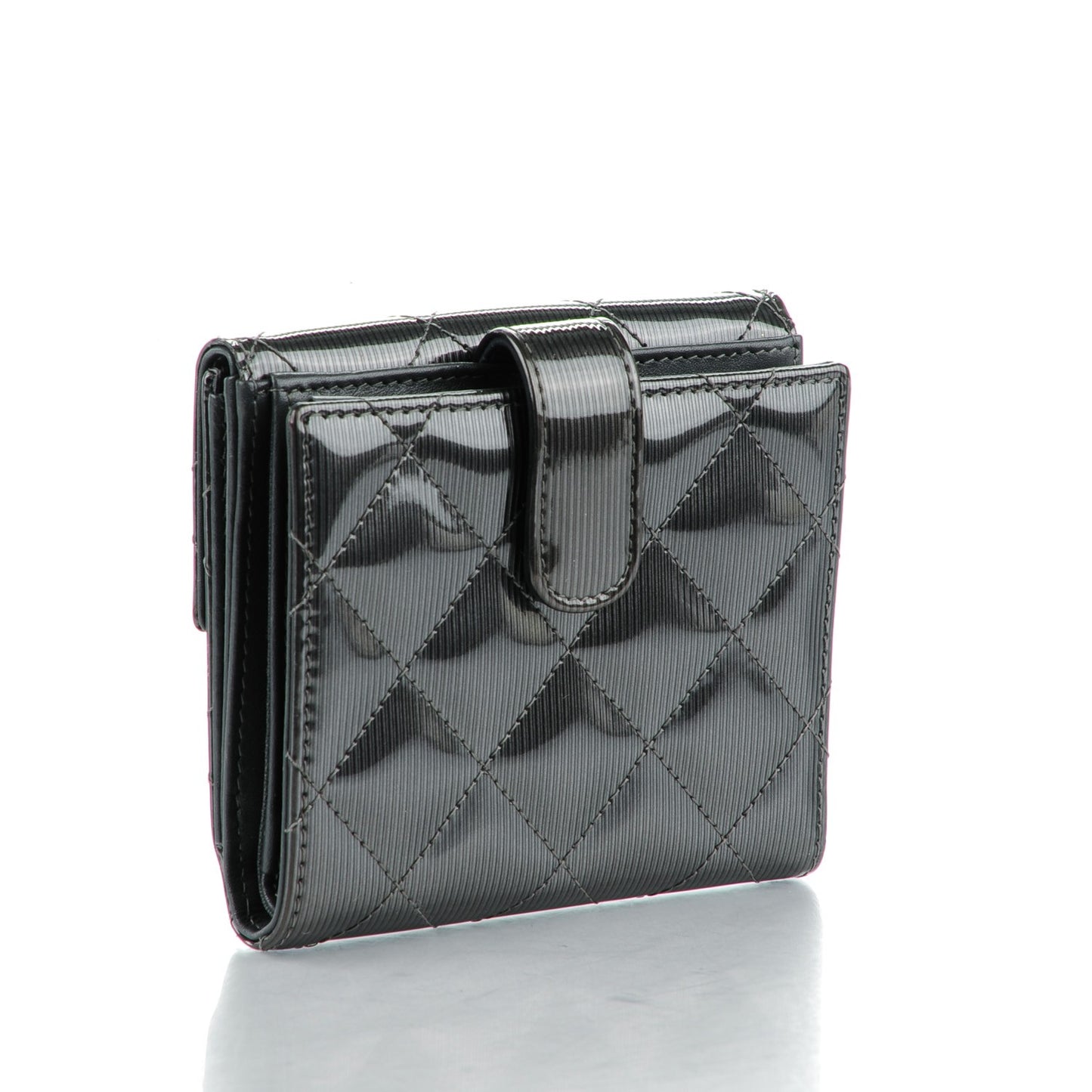 Striated Patent Quilted Compact French Flap Wallet Grey