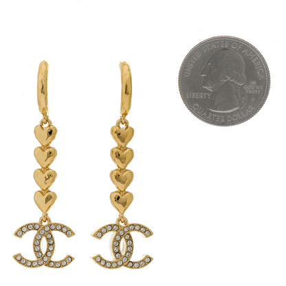 Chanel Metal Crystal CC Heart Hoop Long Drop Earrings Gold 2 of 5
