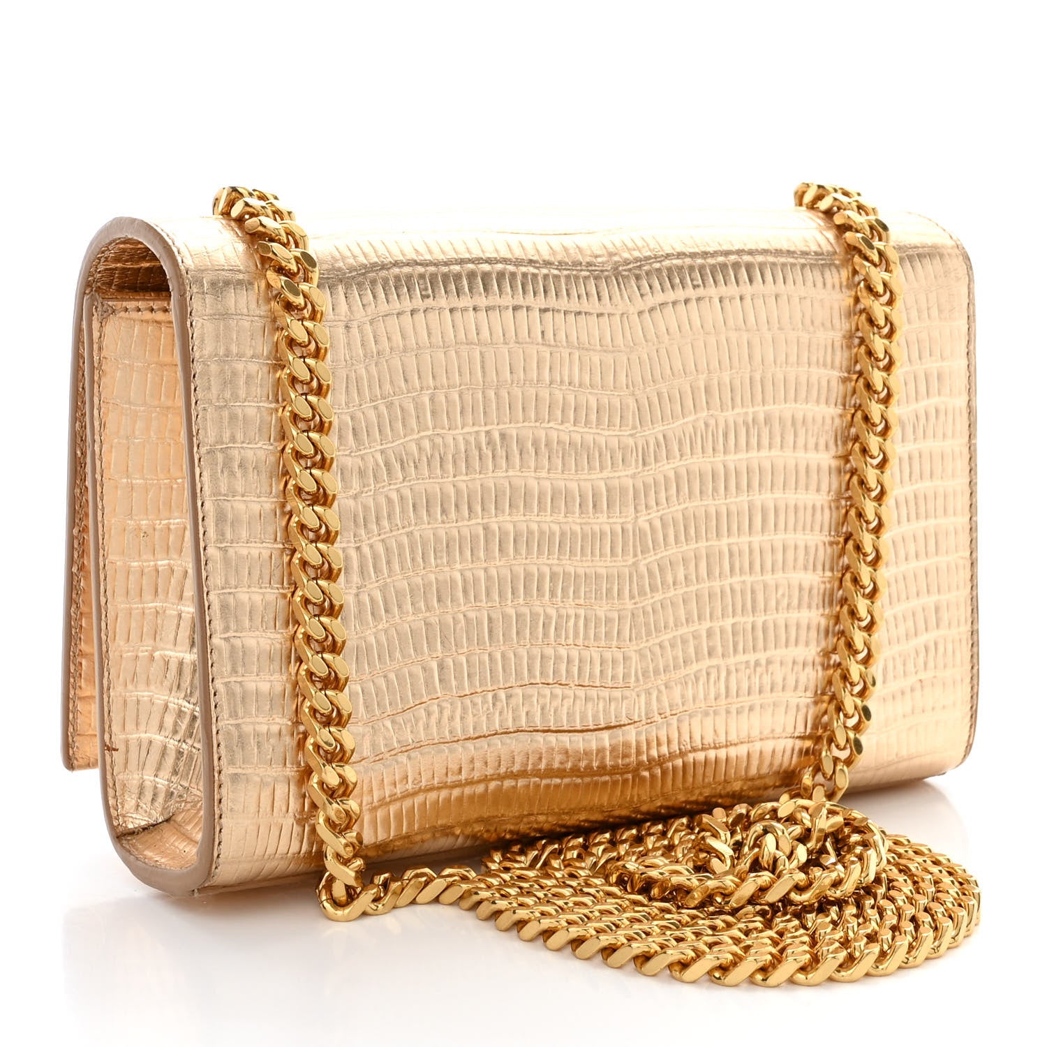 Saint Laurent Metallic Calfskin Crocodile Embossed Small Classic Monogram Kate Tassel Satchel Gold 3 of 12