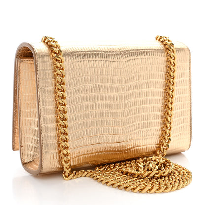 Saint Laurent Metallic Calfskin Crocodile Embossed Small Classic Monogram Kate Tassel Satchel Gold 3 of 12