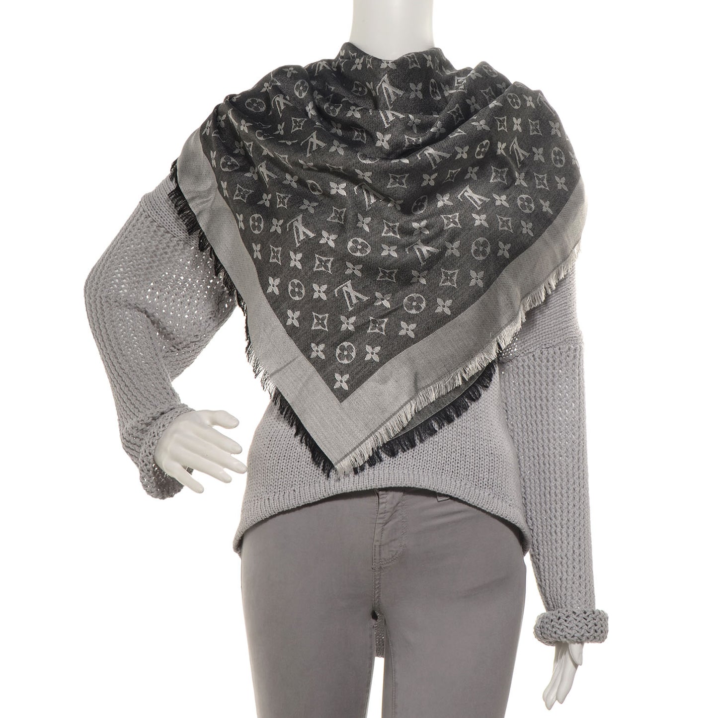 Silk Wool Monogram Denim Shawl Black