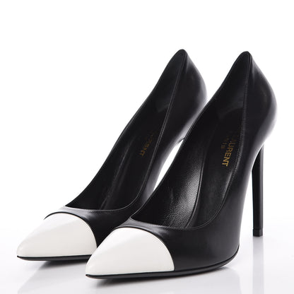 Saint Laurent Calfskin Bi-Color Cap Toe 105 Pumps 38.5 Black Porcellana 3 of 12