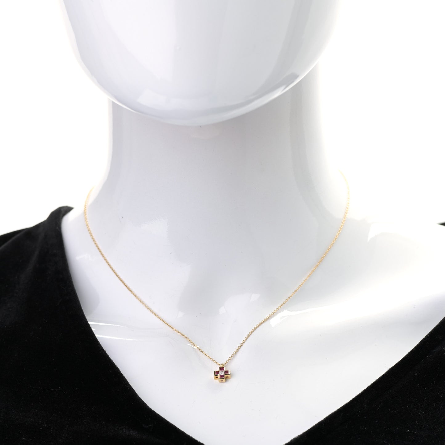 18K Yellow Gold Diamond Ruby Mini Cross Pendant Necklace